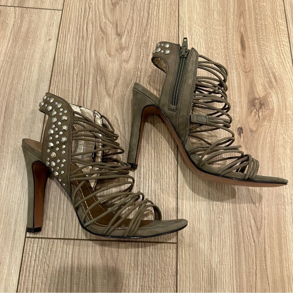 NWT BCBGeneration Pasha High Heel Sandals Dark Moss Kidskin Suede Studded - Picture 7 of 12